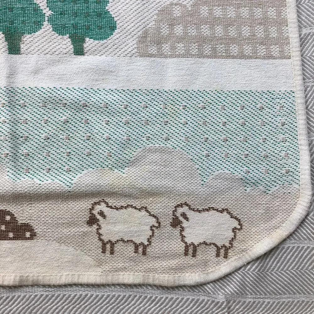Cotton Throw Blanket Mora Made in Spain House and Trees Tan Green 44x54in Vtg